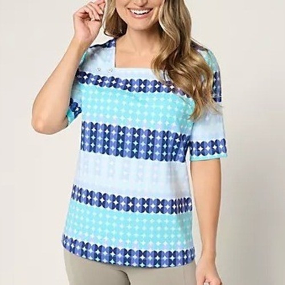 Sport Savvy 4X Aqua French Terry Square Neck Printed Top Button Detail A681237